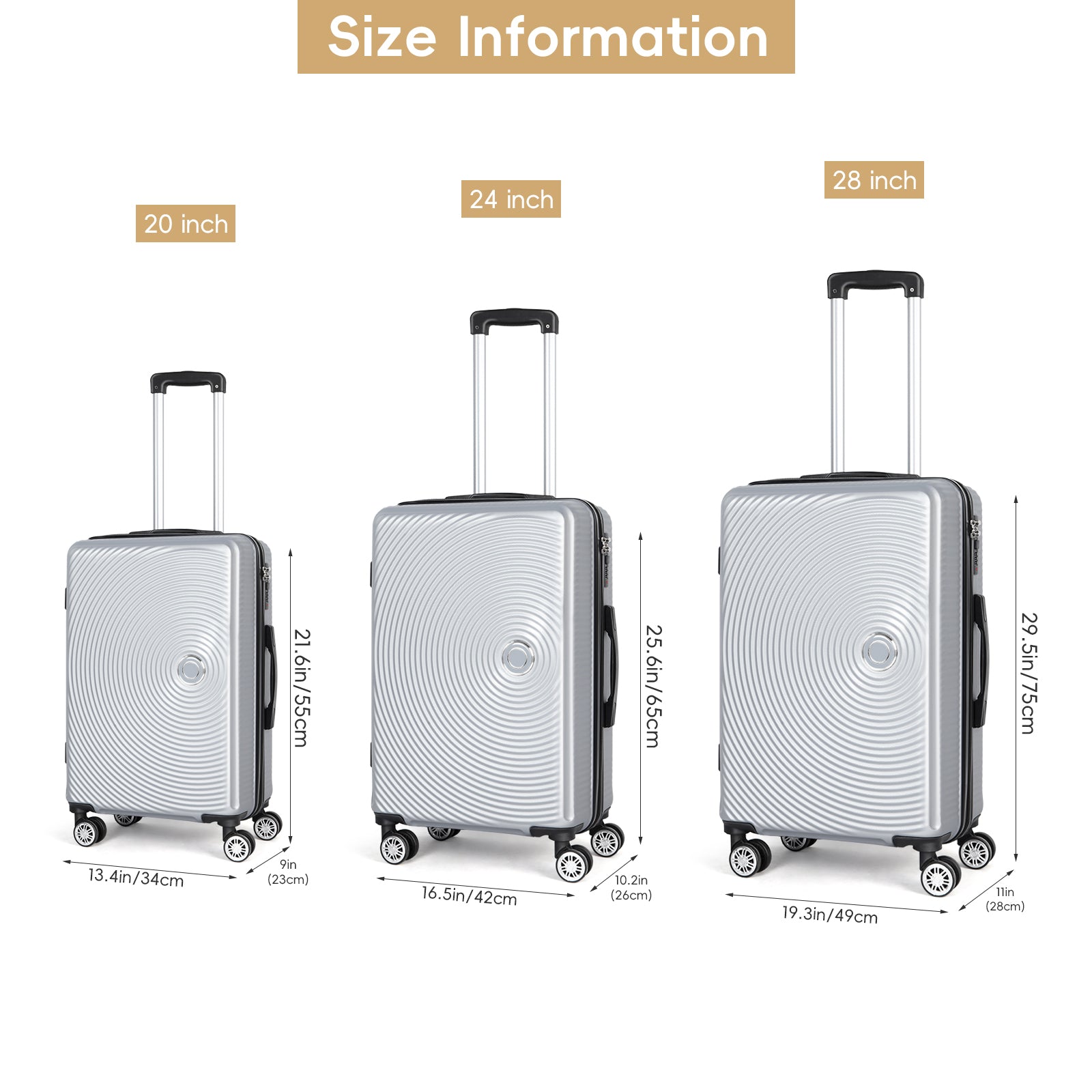 3 Pieces Luggage Set ABS Travel Suitcase with Spinner Wheels, Durable Hardshell Carry on Suitcase with TSA Lock (20 inch 24 inch 28 inch)
