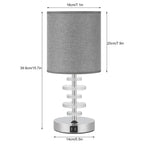 Pair of Crystal Nightstand Lamps with Dual USB Charging Ports and Grey Linen Shades for Bedroom or Office Study