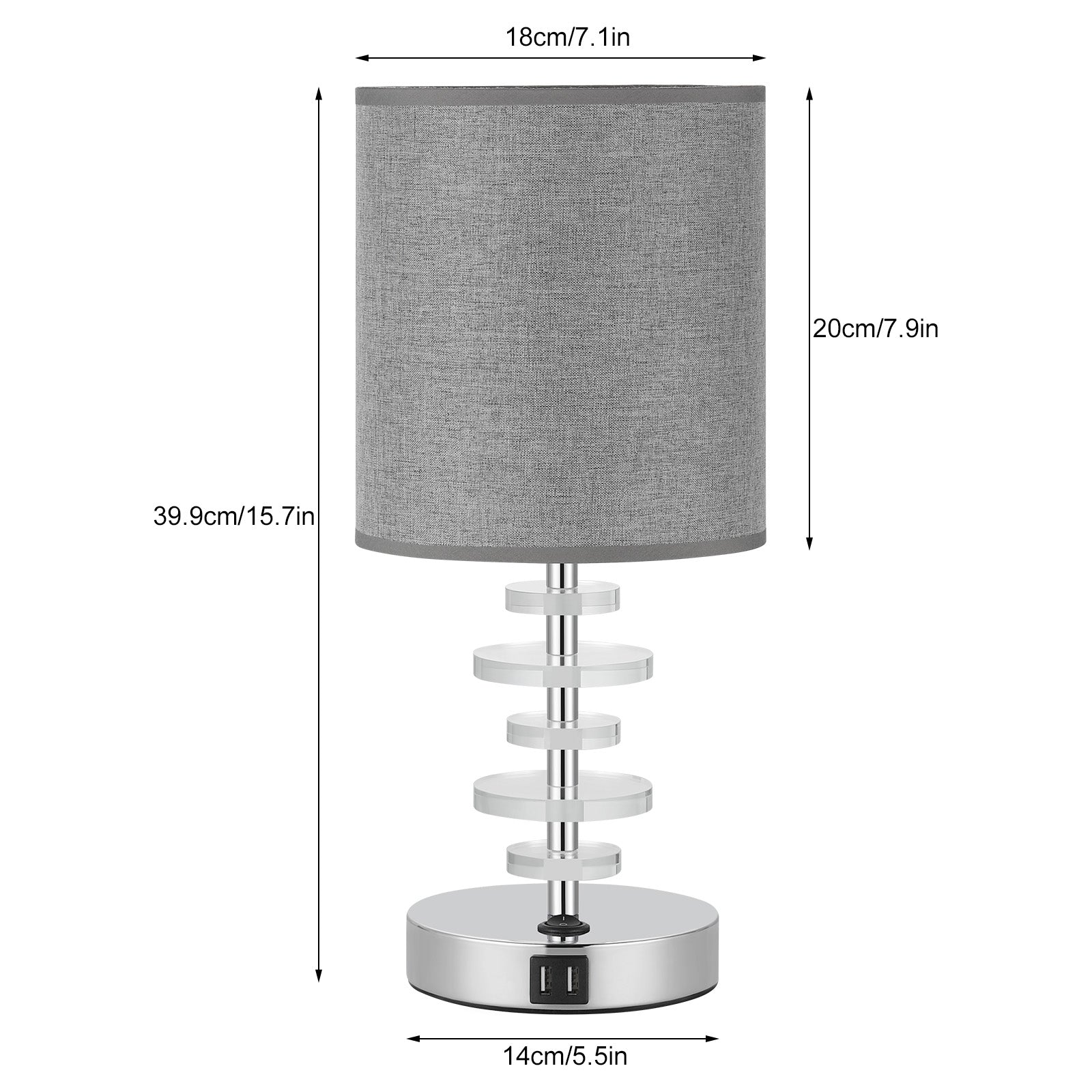 Pair of Crystal Nightstand Lamps with Dual USB Charging Ports and Grey Linen Shades for Bedroom or Office Study