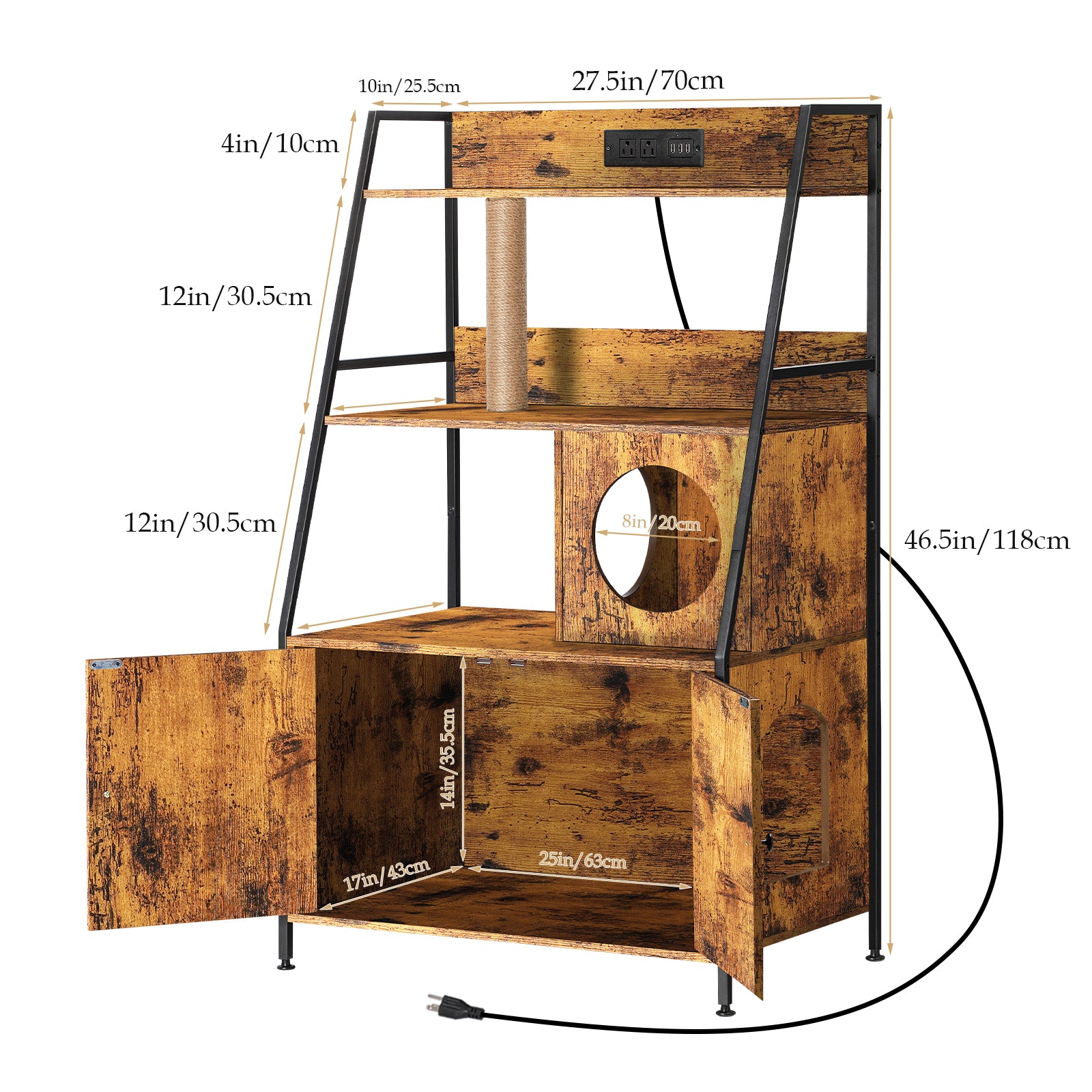 Hidden Cat Litter Box Enclosure with Charging Station, Large Wood Pet House Furniture with Storage Shelves and Entry Hole, Rustic Brown,