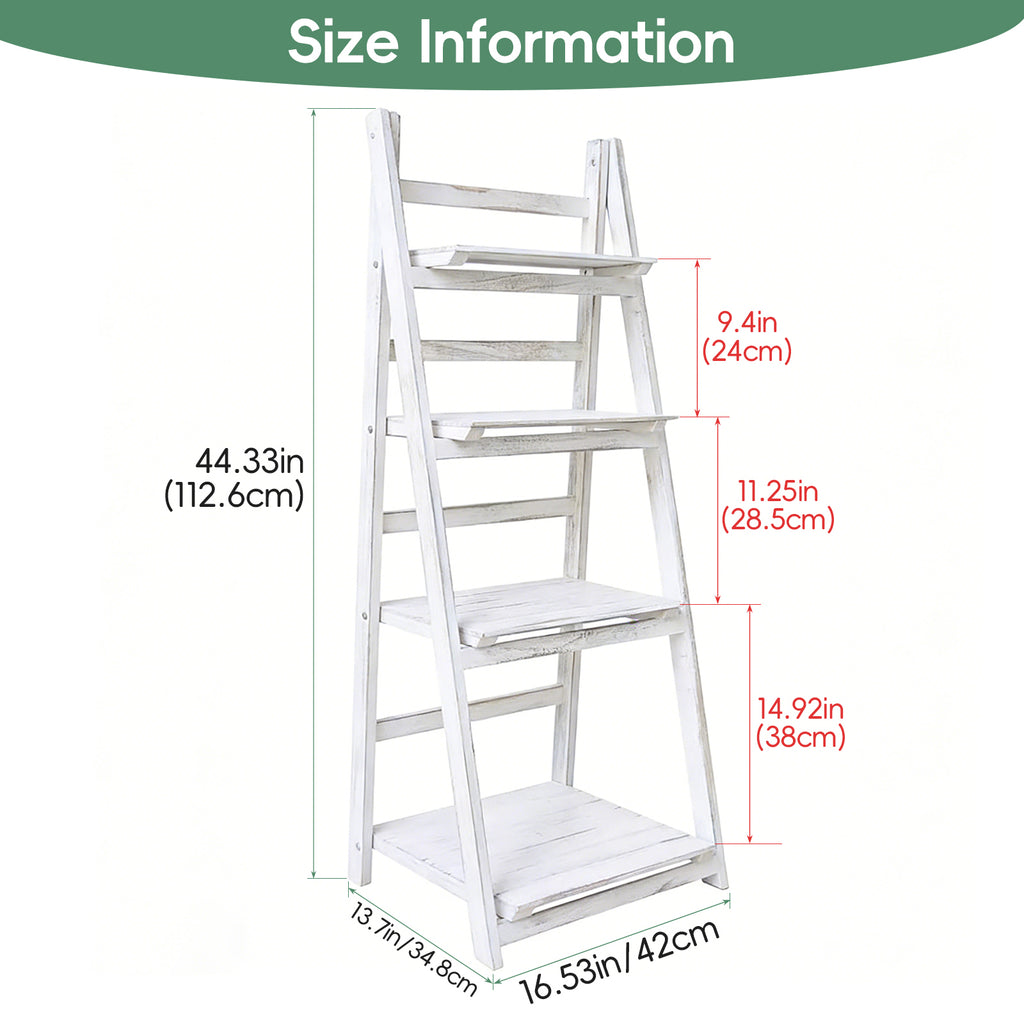 Ladder Shelf, 4-Tier Wooden Plant Shelves, Rustic Flower Display Rack, Freestanding Storage Rack, Indoor Flowerpot Stand Ladder Bookshelf for Living Room, Bedroom, Balcony, Gray White