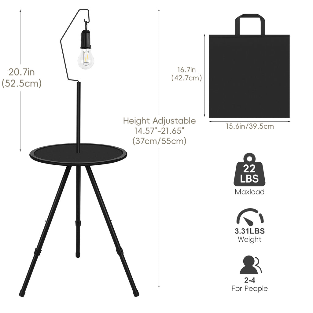 Portable Small Camping Round Table, Foldable & Liftable Round Camping Table with Light Rack, Solar Bulb, Carry Bag for Beach, Tailgating, Hiking, Camping Outdoor