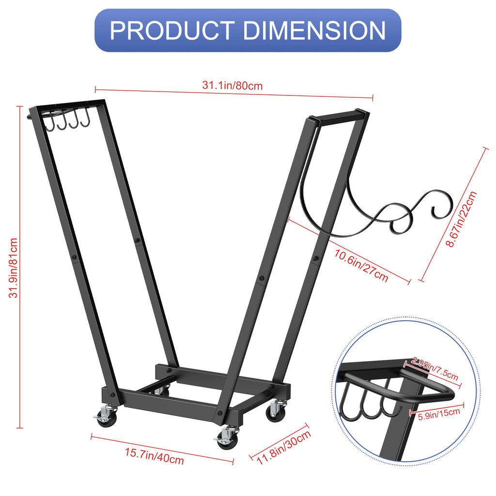 Rolling Firewood Cart with Handle & 4 Hooks, Portable Log Rack for Indoor/Outdoor Use, with Removable Kindling Rack,