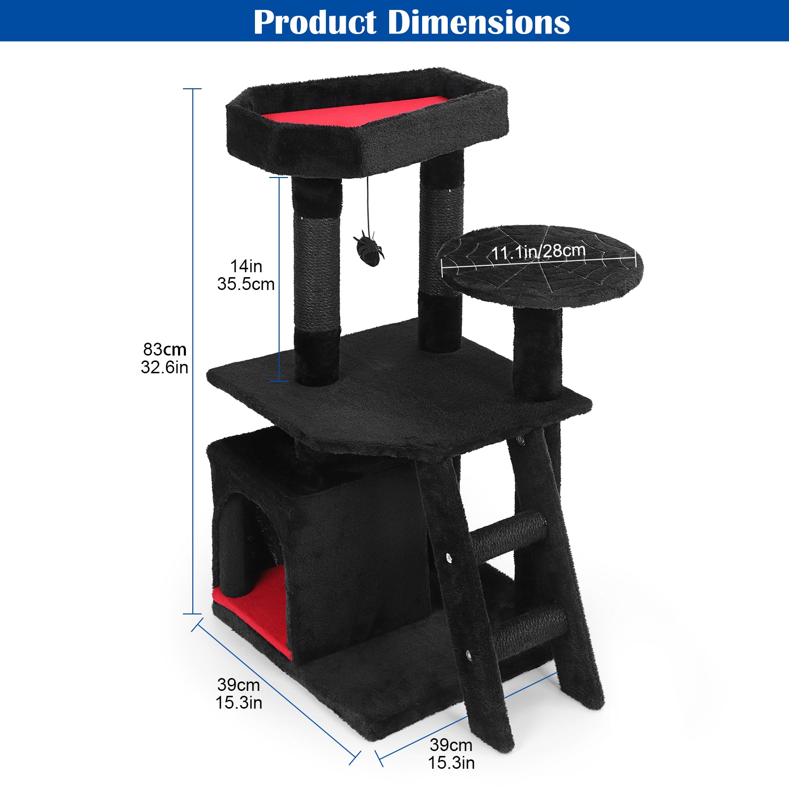 Gothic Cat Tree Tower with Coffin Bed & Spider Toy - 32" Multi-Level Kitty Condo with Scratching Posts & Ladder for Small to Medium Cats, Black