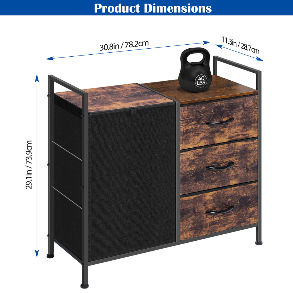 Storage Dresser with 3 Fabric Drawers & Laundry Basket, Rustic Drawer Chest Metal Frame, Bedroom Bathroom Laundry Organizer Cabinet