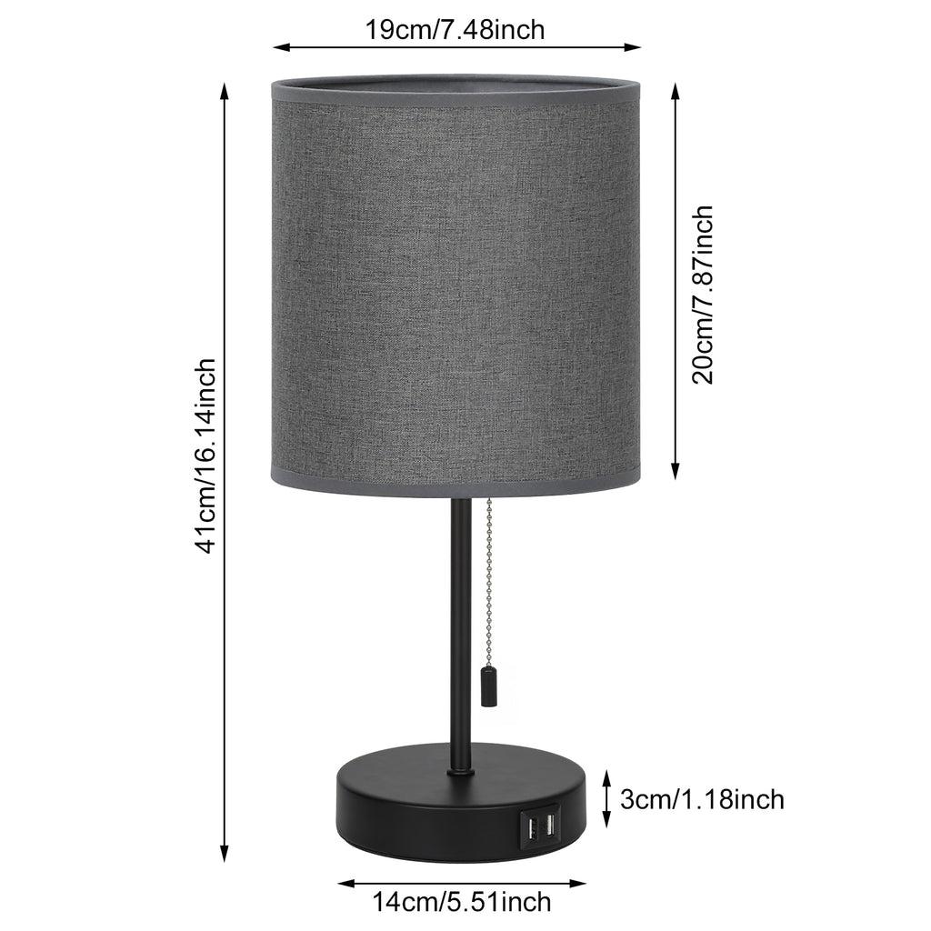 Set of 2 Modern Table Lamps with Dual USB Charging Ports, Gray Linen Shade Bedside Lamps for Bedroom, Living Room, Office
