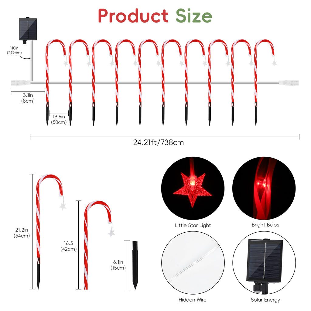 10-Pack Solar Candy Cane Lights - 22inch Christmas Pathway Markers with 8 Lighting Modes