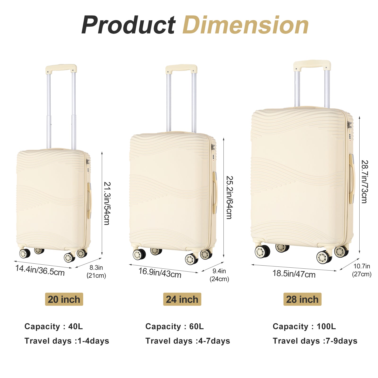 3 Piece Luggage Sets with TSA Travel Bag ABS Hard Shell Suitcases Spinner Wheels