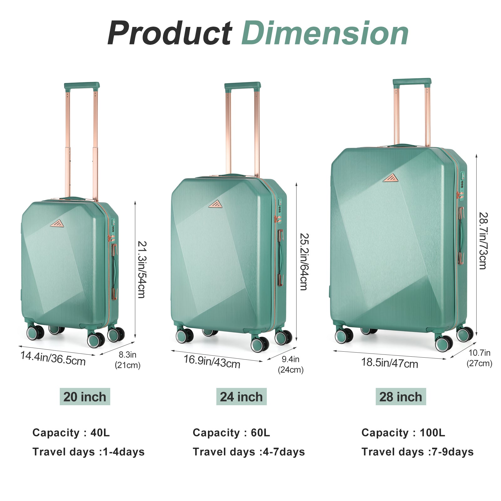 Luggage Set 3 Piece Luggage Set Carry On Suitcase Hardside Luggage with TSA Lock Spinner Wheels, Rose Gold ABS+PC (20in/24in/28in)