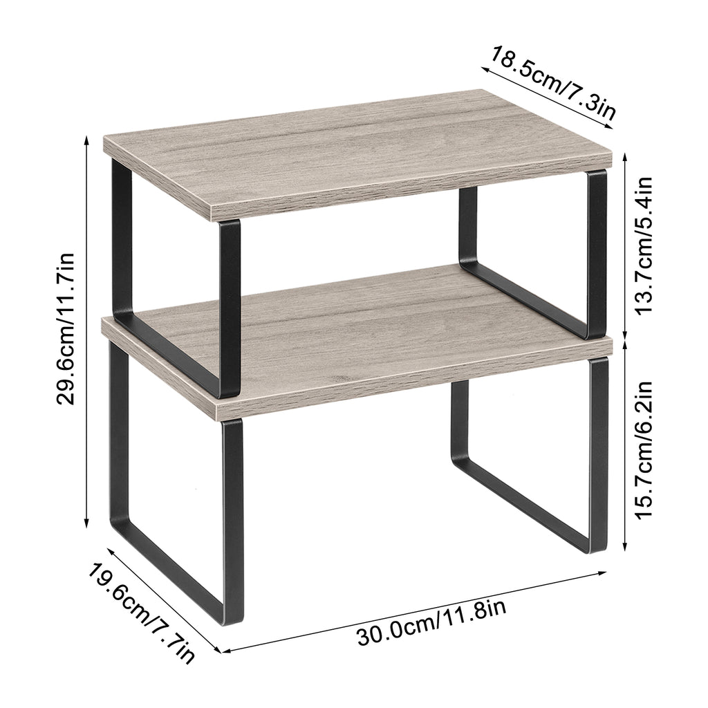 Stackable Kitchen Counter Shelves (Set of 2) -Expandable Grey Wood Organizers for Countertops & Cabinets
