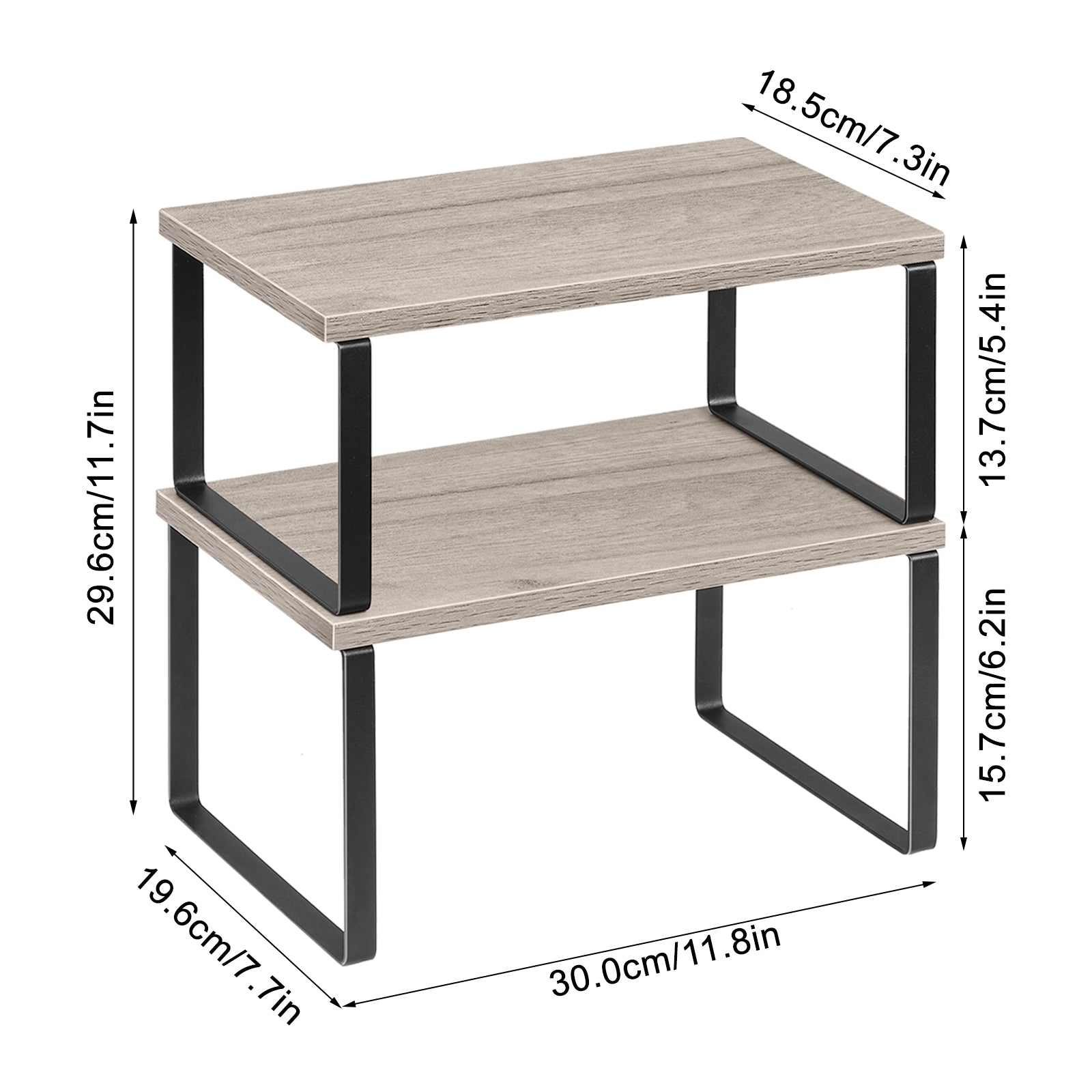 Stackable Kitchen Counter Shelves (Set of 2) -Expandable Grey Wood Organizers for Countertops & Cabinets