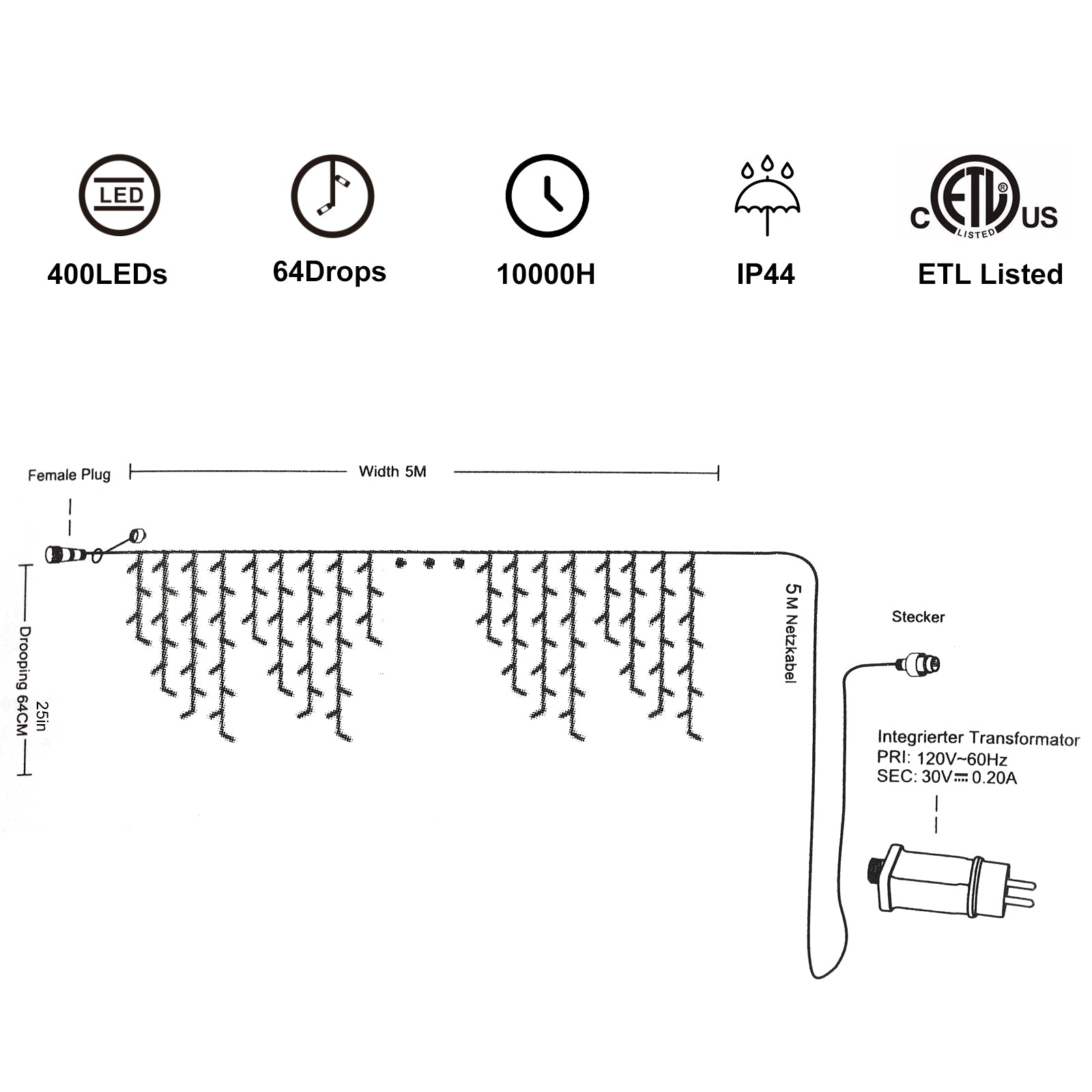33FT 400 LED Multicolor Christmas Icicle Lights - 8 Modes Twinkle String Lights for Roof & Patio Decor