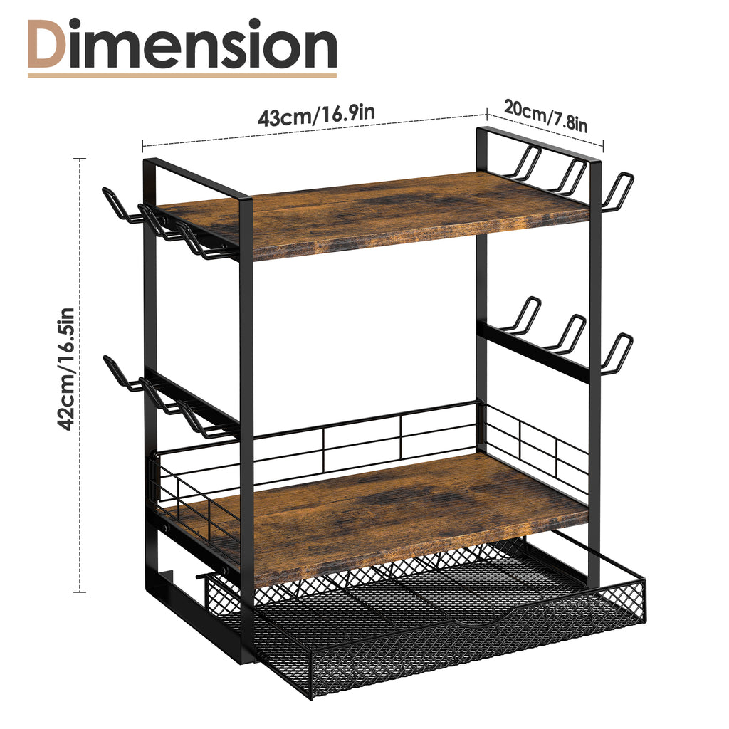 3-Tier Coffee Station Organizer - Countertop Mug Holder with 12 Hooks & 28 Pod Storage Drawer,
