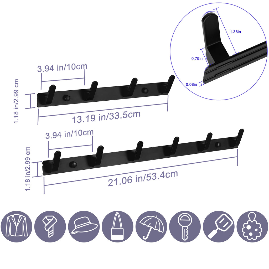 2 Pack Aluminum Coat Hook Rack, 4 Hooks & 6 Hooks Mixed Set Matte Black Wall Mount Entryway Coat Rail, Heavy Duty Wall Hook Strip for Hat, Bag, Towel, Umbrella, Key for Bedroom Bathroom Mudroom