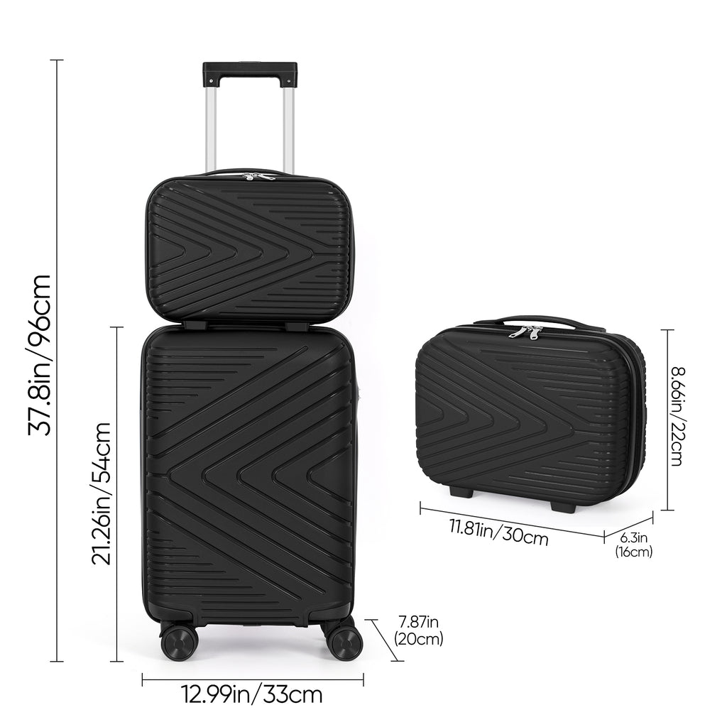 2-Piece PP Hardside Luggage Set - 20 Inch Carry On Suitcase + 14 Inch Cosmetic Case with Spinner Wheels (Black)