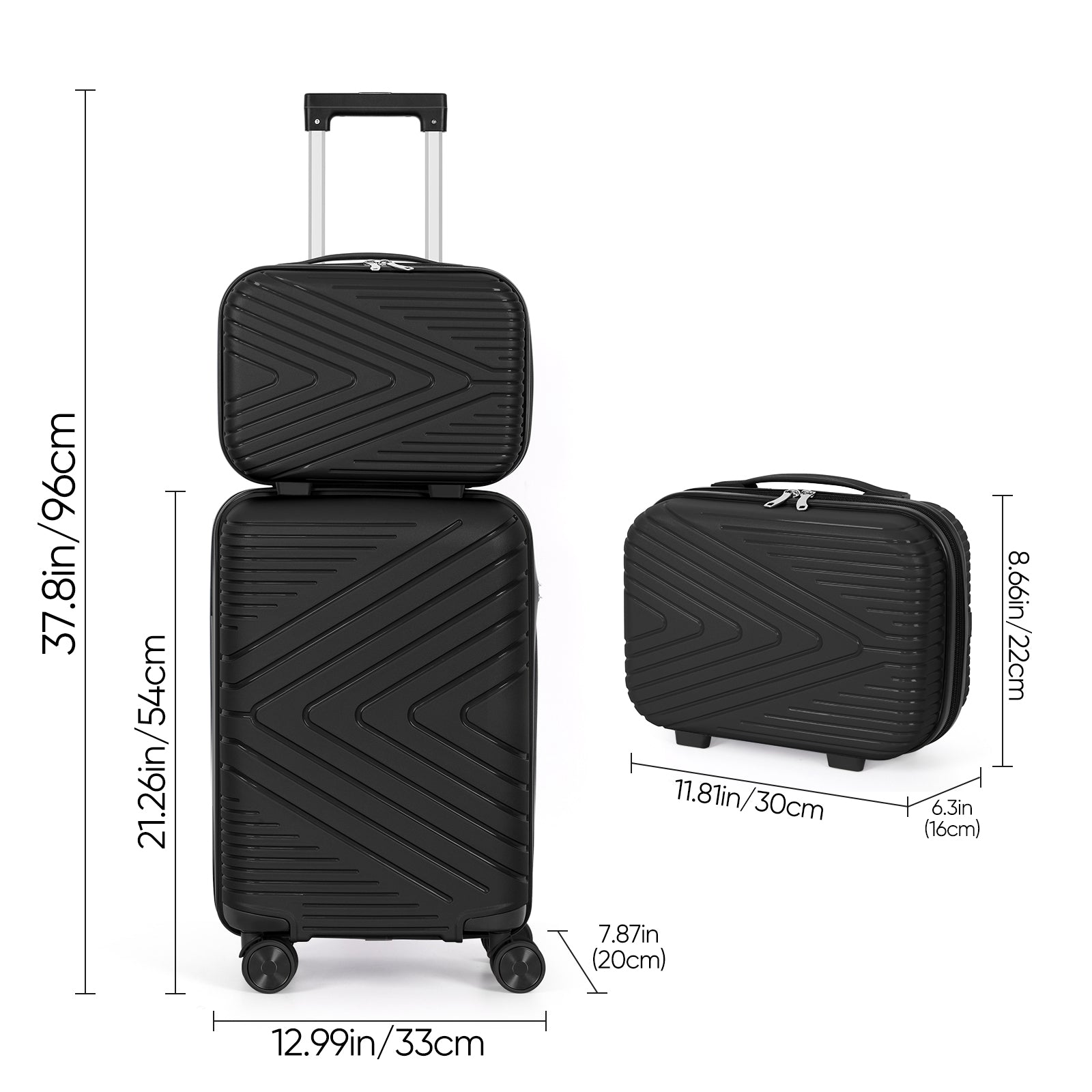 2-Piece PP Hardside Luggage Set - 20 Inch Carry On Suitcase + 14 Inch Cosmetic Case with Spinner Wheels (Black)