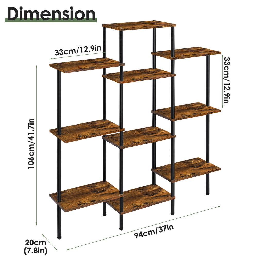 Triple-Wide 4-Tier Industrial Bookshelf - 10-Shelf Open Bookcase & Room Divider for Home Office, Rustic Brown,