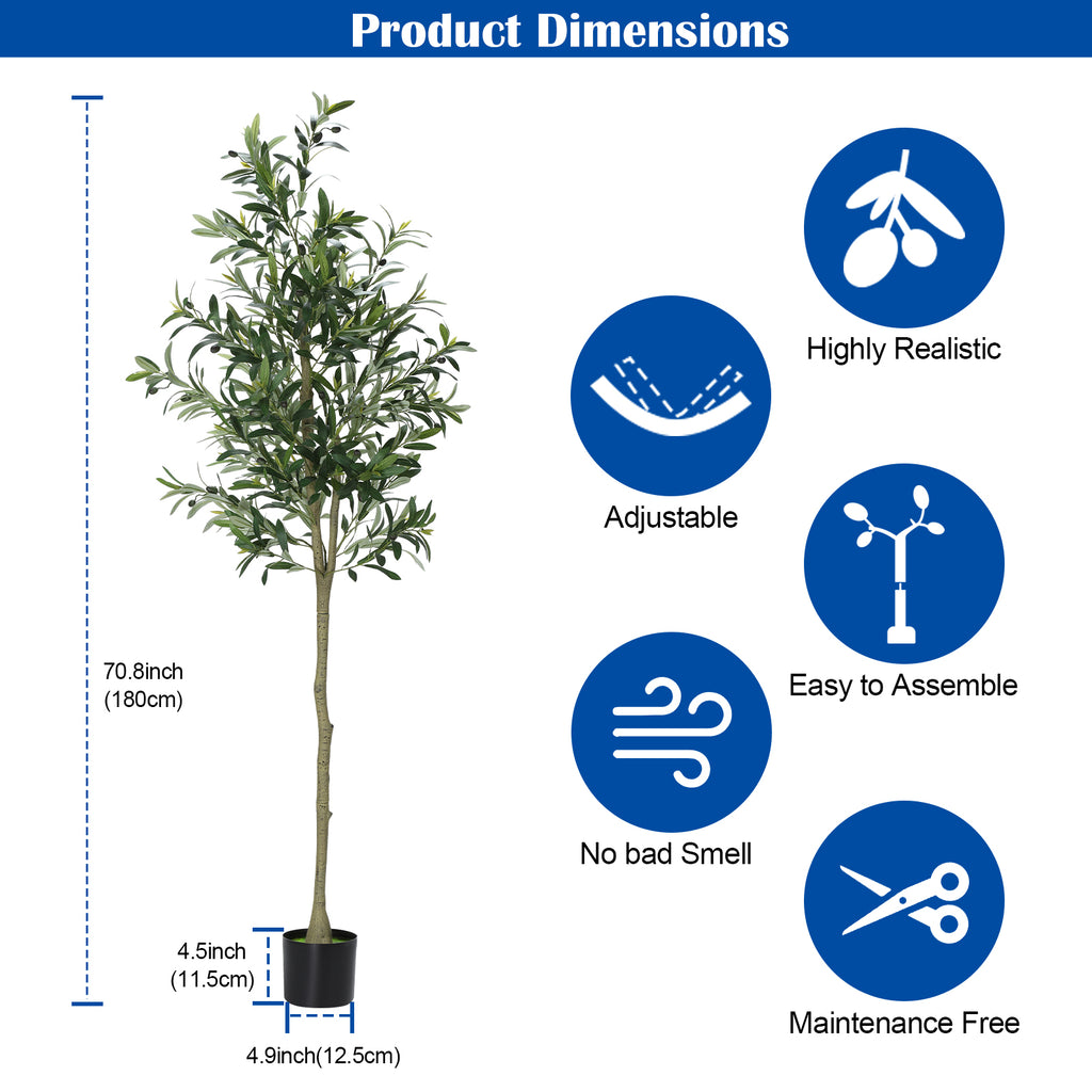 6FT Artificial Olive Tree - Lifelike Faux Potted Silk Tree with Realistic Trunk - Modern Home & Office Indoor Decoration