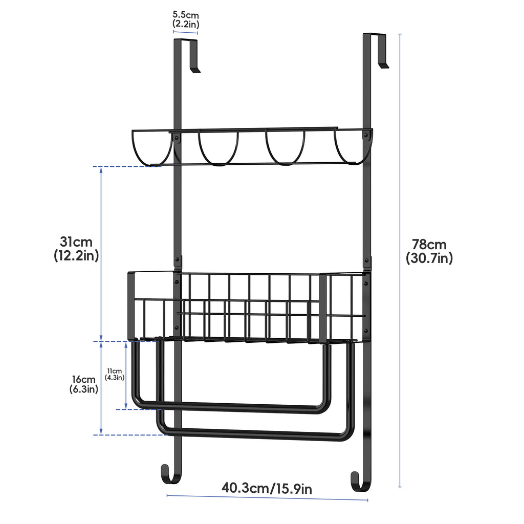 Over-the-Door Towel Rack with Storage Basket, No-Drill Hanging Organizer with Hooks for Bathroom, Kitchen, RV & Camper, White