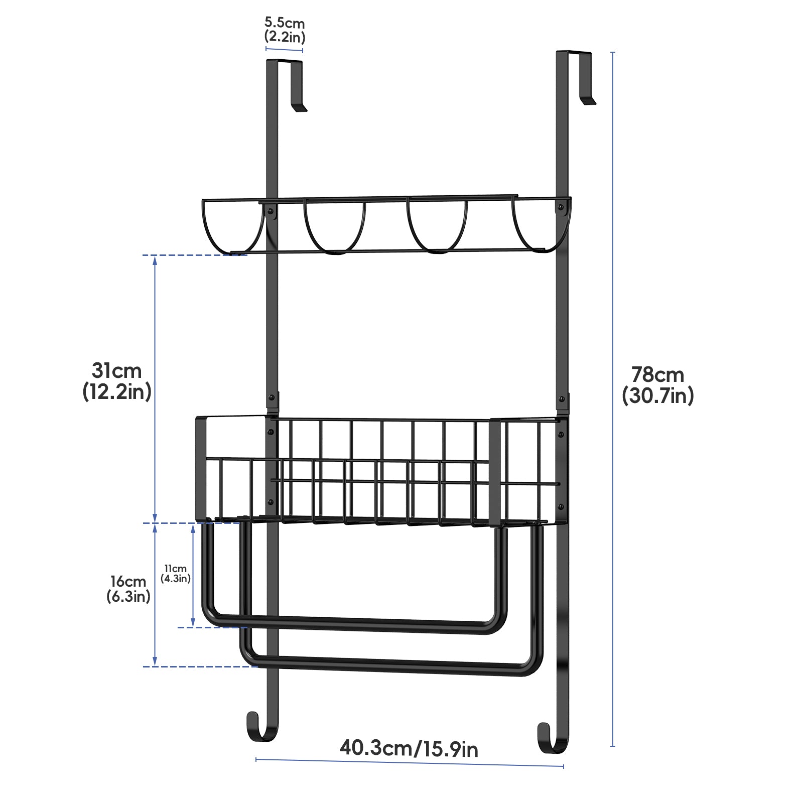 Over-the-Door Towel Rack with Storage Basket, No-Drill Hanging Organizer with Hooks for Bathroom, Kitchen, RV & Camper, White