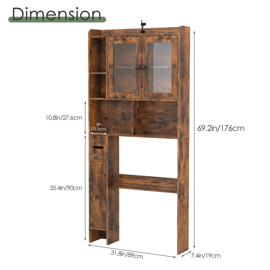 Rustic Brown Over-the-Toilet Storage Cabinet - Space-Saving Bathroom Organizer with Glass Doors & Side Compartment