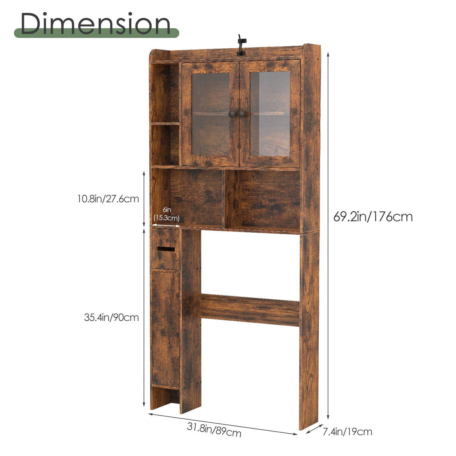 Rustic Brown Over-the-Toilet Storage Cabinet - Space-Saving Bathroom Organizer with Glass Doors & Side Compartment