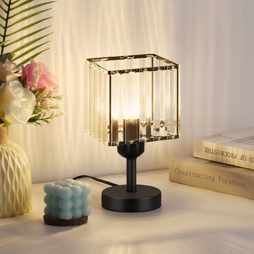 Set of 2 Contemporary Crystal Bedside Lamps with Black Bases and Elegant Shimmering Shades for Living Rooms or Bedrooms