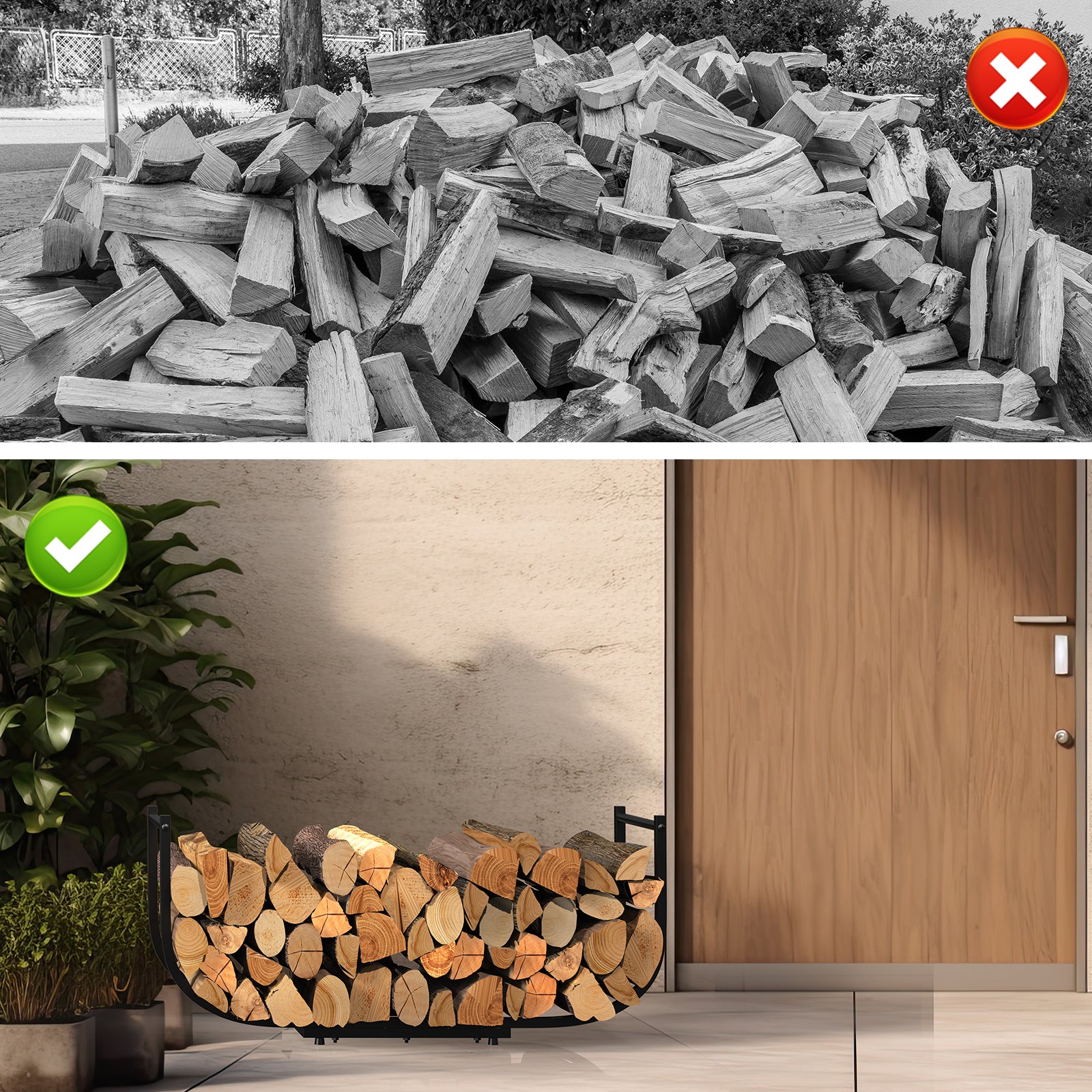 33-Inch Heavy Duty Firewood Rack, U-Shaped Metal Log Holder for Fireplace, Outdoor Log Stacker and Organizer for Patio and Fire Pit, Black,