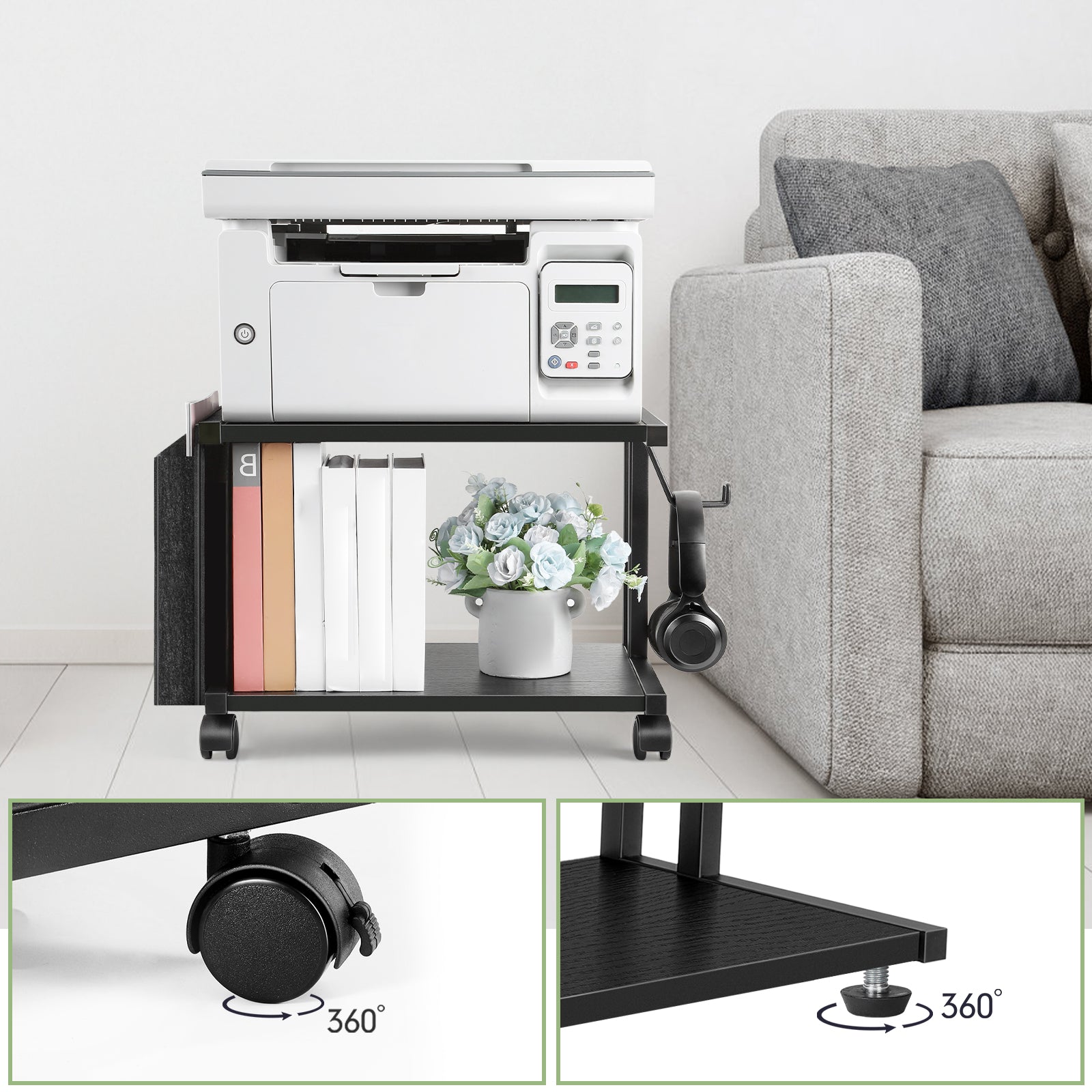 2-Tier Mobile Printer Stand with Storage - Under Desk Rolling Printer Cart with Wheels, Space-Saving Office Organizer for Scanners & Supplies