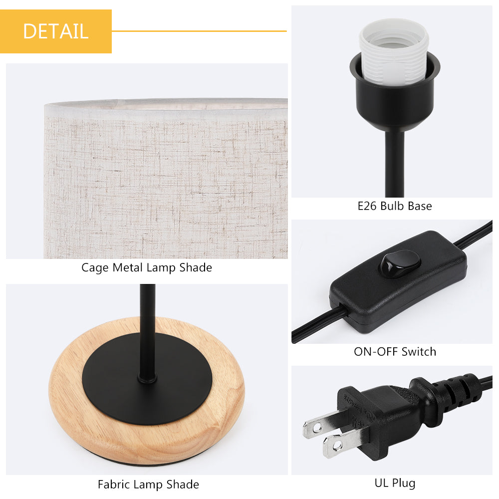Modern Bedside Desk Lamp with Wooden Base， Nightstand Lamp with Linen Shade for Dorm and Home.