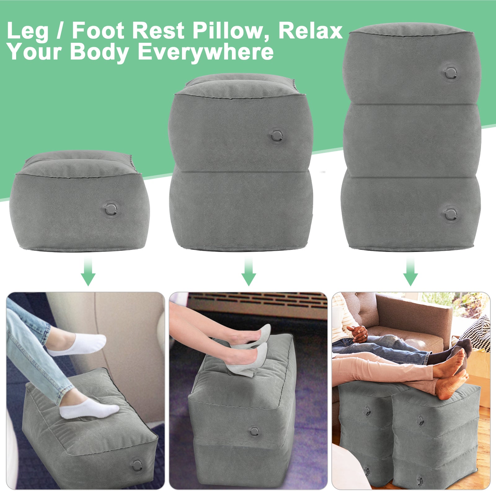 2 Pack Adjustable Inflatable Foot Rest Pillow, 3 Levels Height Travel Air Foot Stool with Hand Pump, Portable Leg Rest Cushion for Airplane, Car, Train, Office, Home, Grey