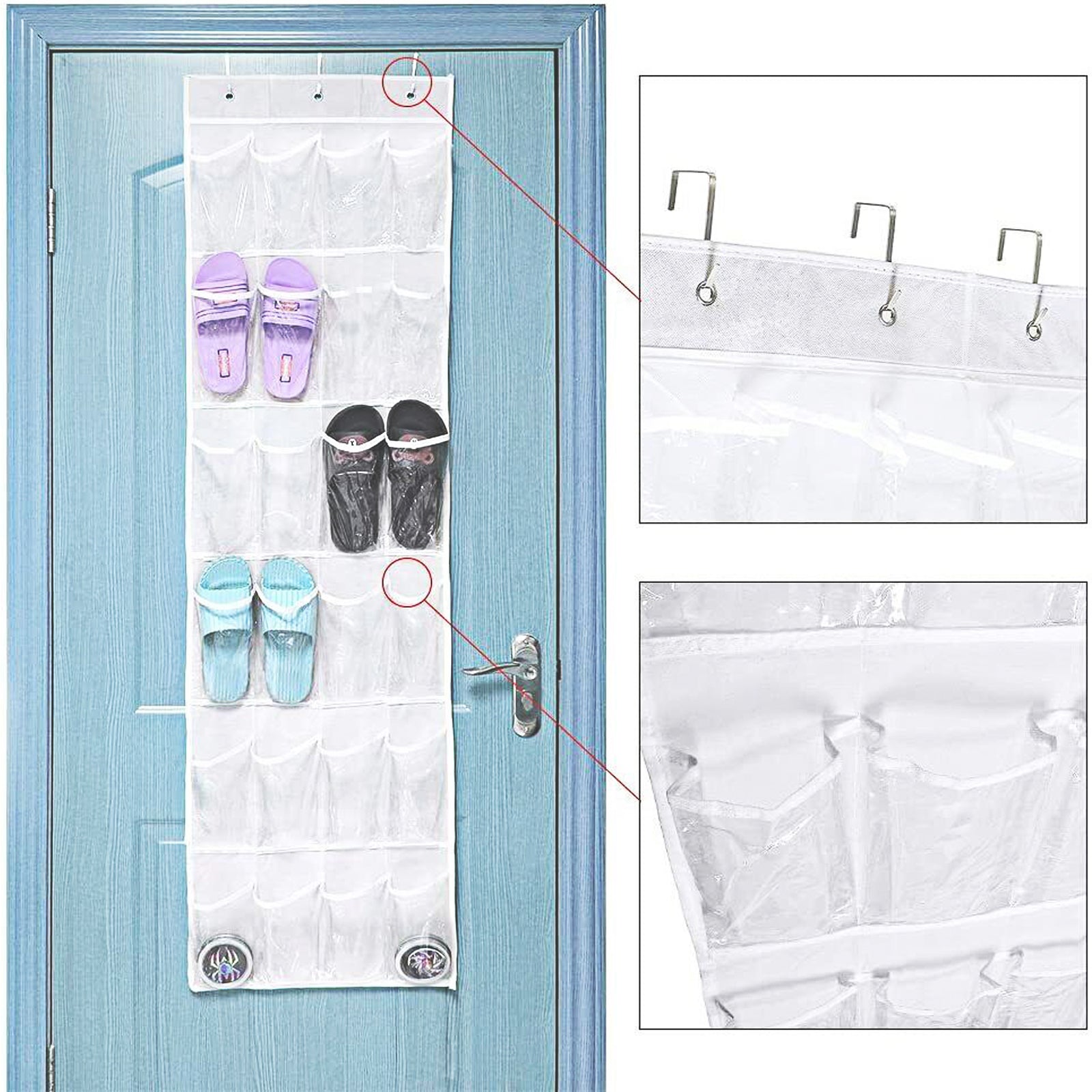 Clear Wall-Mount Pocket Organizer with Hooks, Multi-Purpose 24-Pocket Over-the-Door Hanging Storage Solution for Home and Office Organization
