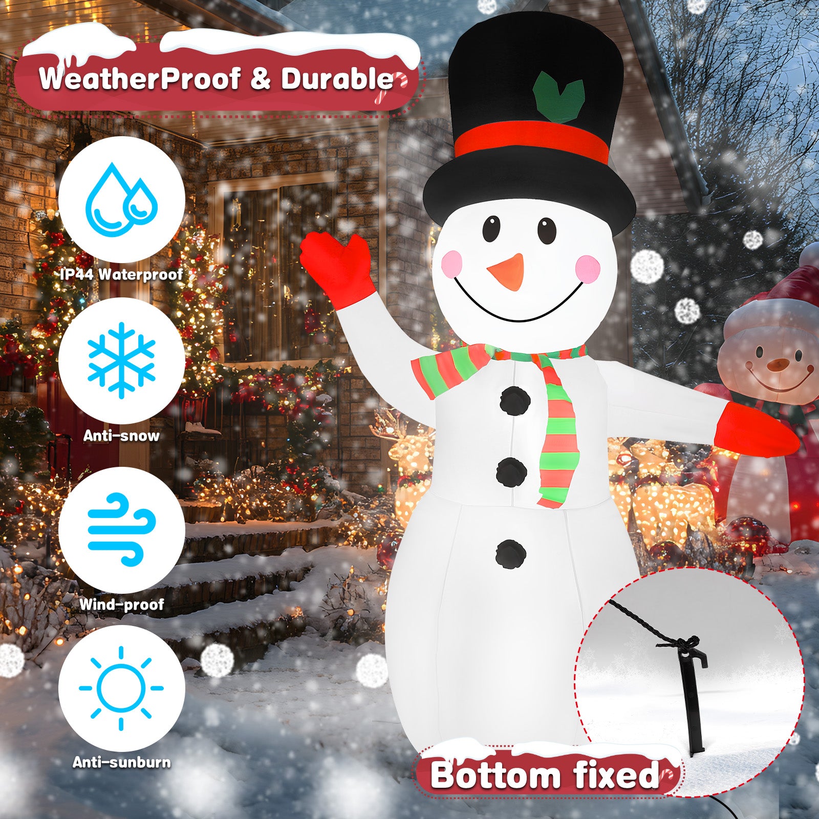 8FT Giant Christmas Inflatable Snowman with Waving Arm & LED Lights, Outdoor Winter Yard Decor