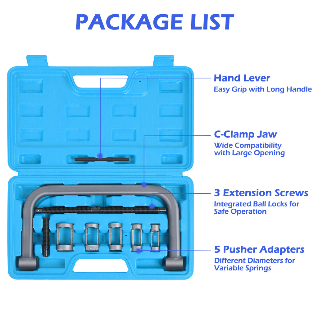Hollow Valve Spring Compressor, 10pcs Auto Compression C-Clamp Tool Service Kit, Hollow Valve Spring Removal Tool with 5PCS Collet Pusher Adapters, Small Engine Vehicle Equipment