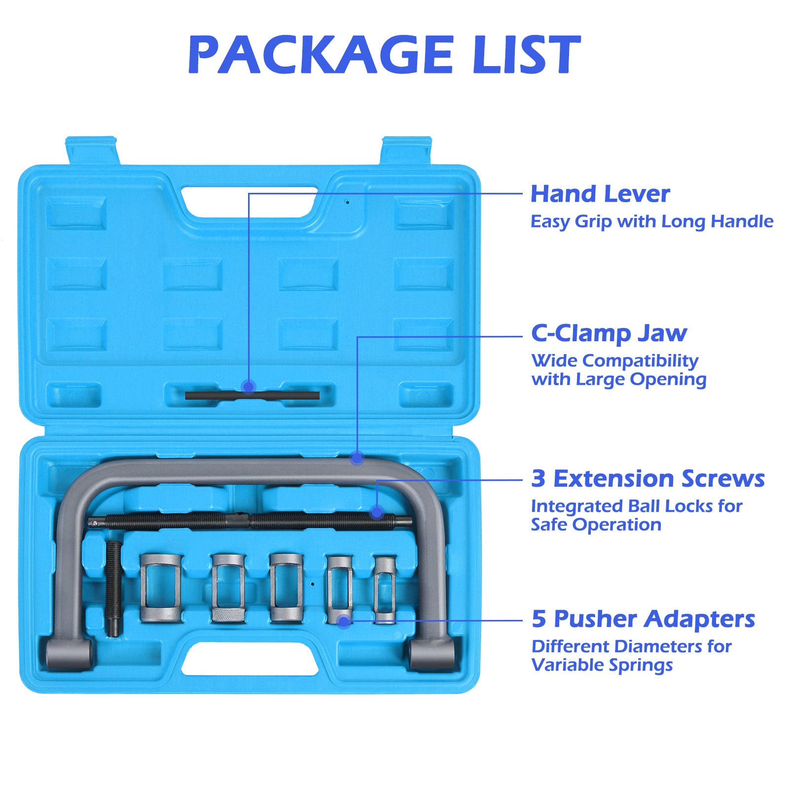 Hollow Valve Spring Compressor, 10pcs Auto Compression C-Clamp Tool Service Kit, Hollow Valve Spring Removal Tool with 5PCS Collet Pusher Adapters, Small Engine Vehicle Equipment