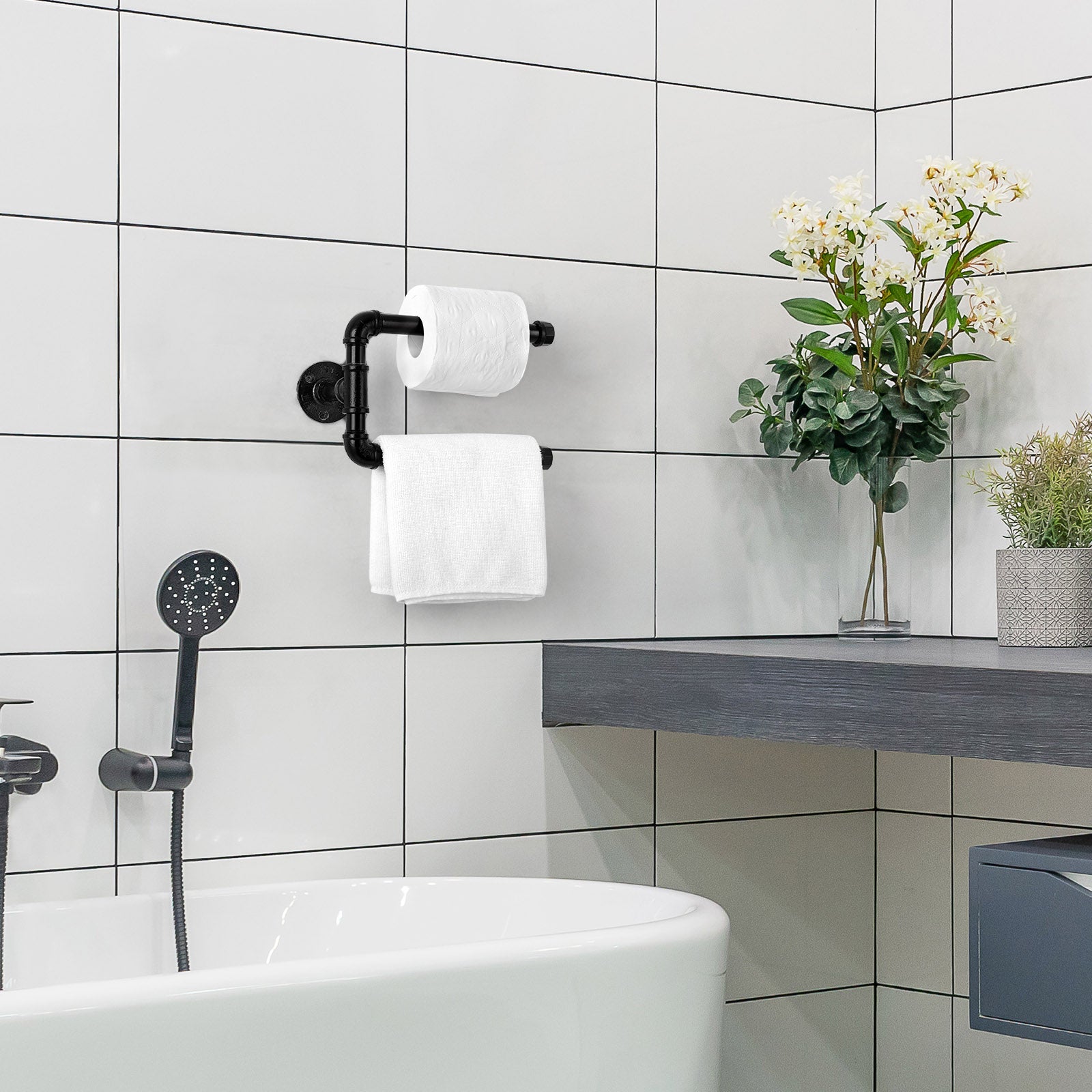 Stepped Industrial Pipe Double Toilet Paper Holder，Heavy-Duty Cast Iron Wall-Mounted Dual Tissue Rack.