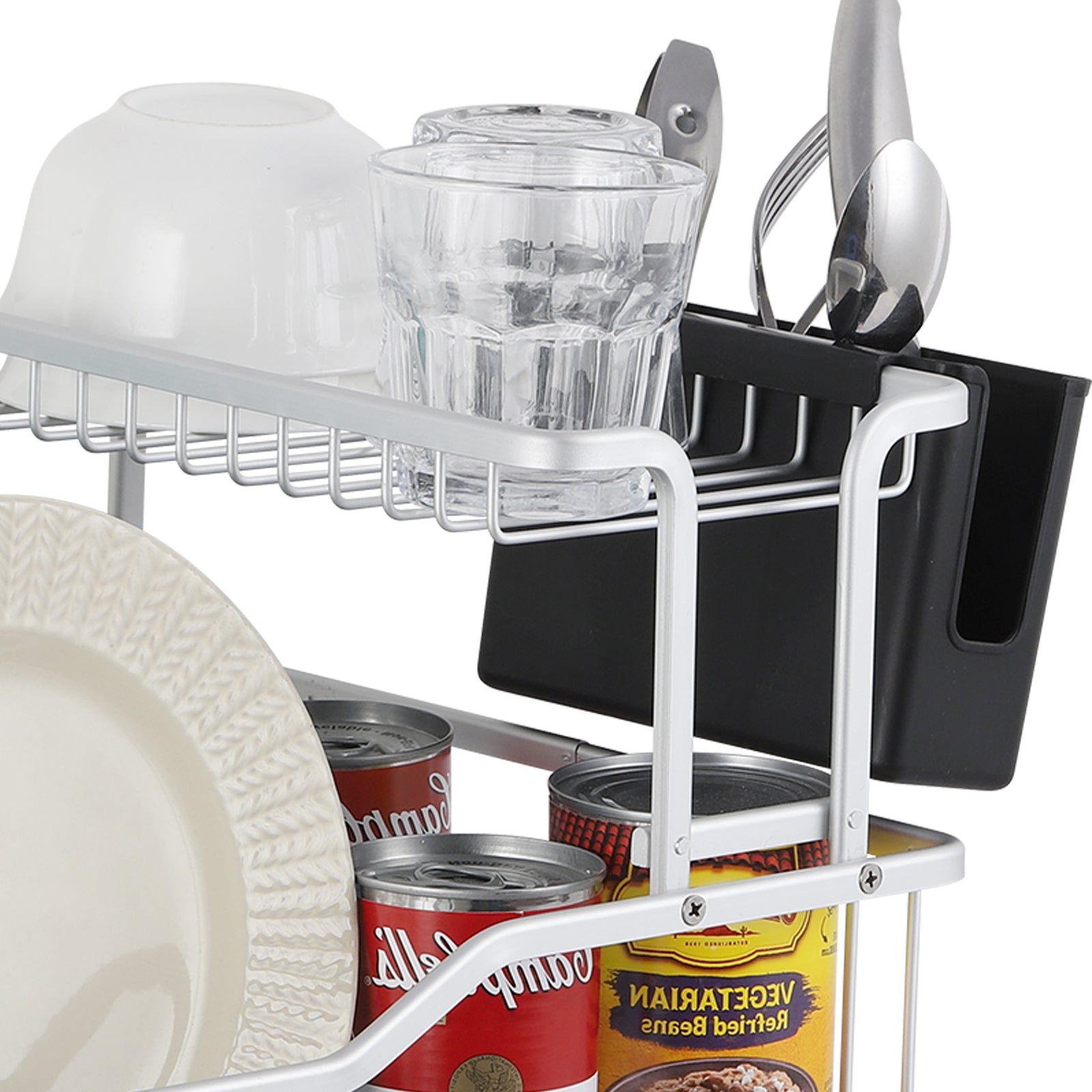 2 Tiers Dish Drying Rack for Kitchen Counter - Dish Rack with Drainboard, Rustproof Dish Drainer with Utensil Holder for Sink, Silvery