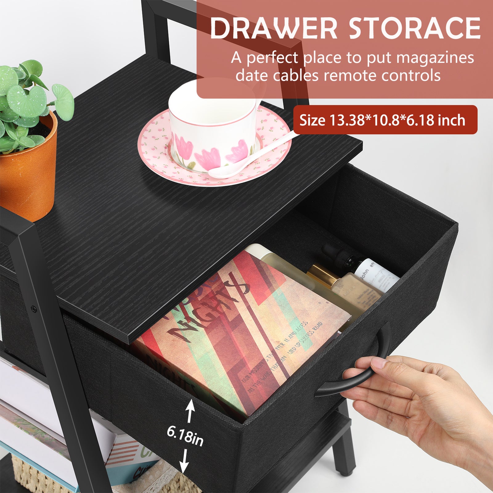Black Nightstands with Fabric Storage Drawer and Open Wood Shelf, Side Table with Storage for Bedroom, Night Stand with Drawer, Tall End Table, Printer Table,
