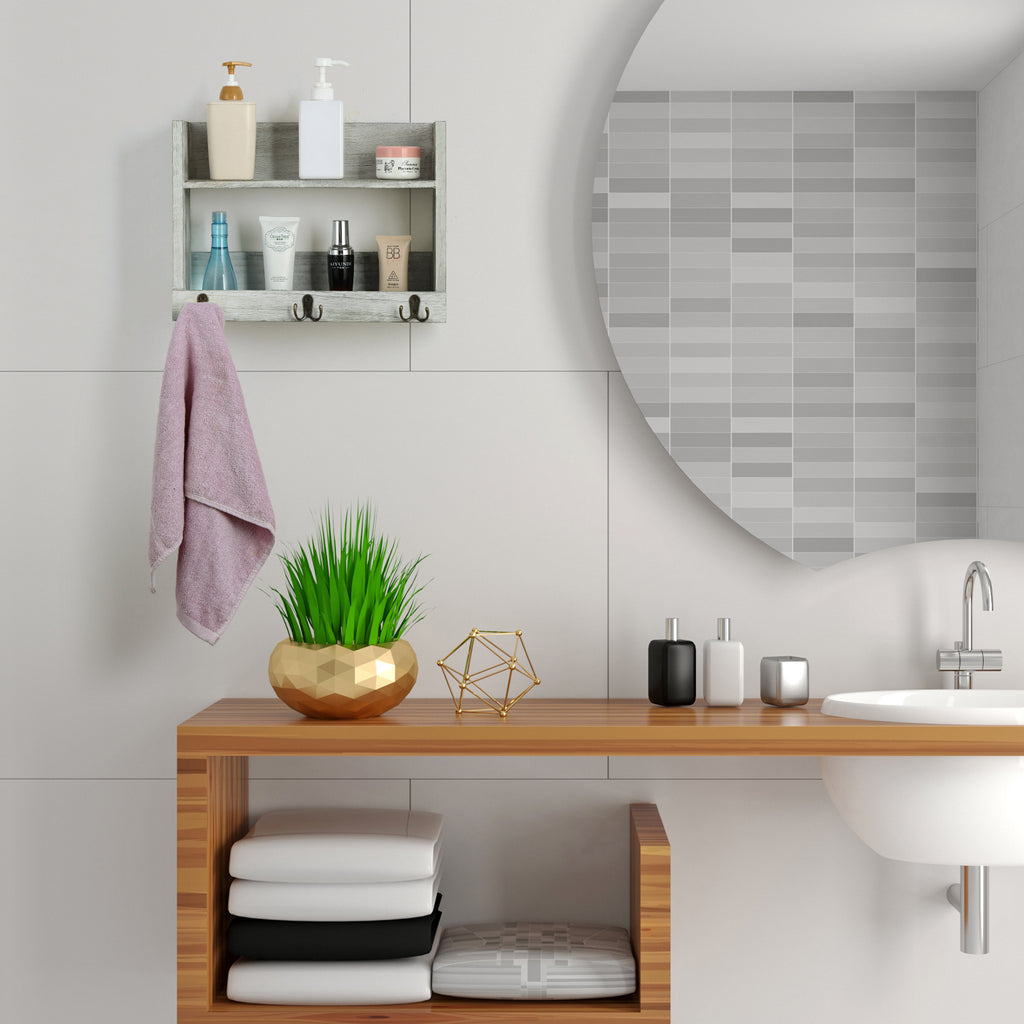 2 - Tier Wall - Mounted Pallet Shelves with 3 Dual Hooks - Key Holder, Mail Organizer & Coat Rack Rustic Grey - Green Finish, Ideal for Farmhouse Bedroom, Office or Entryway