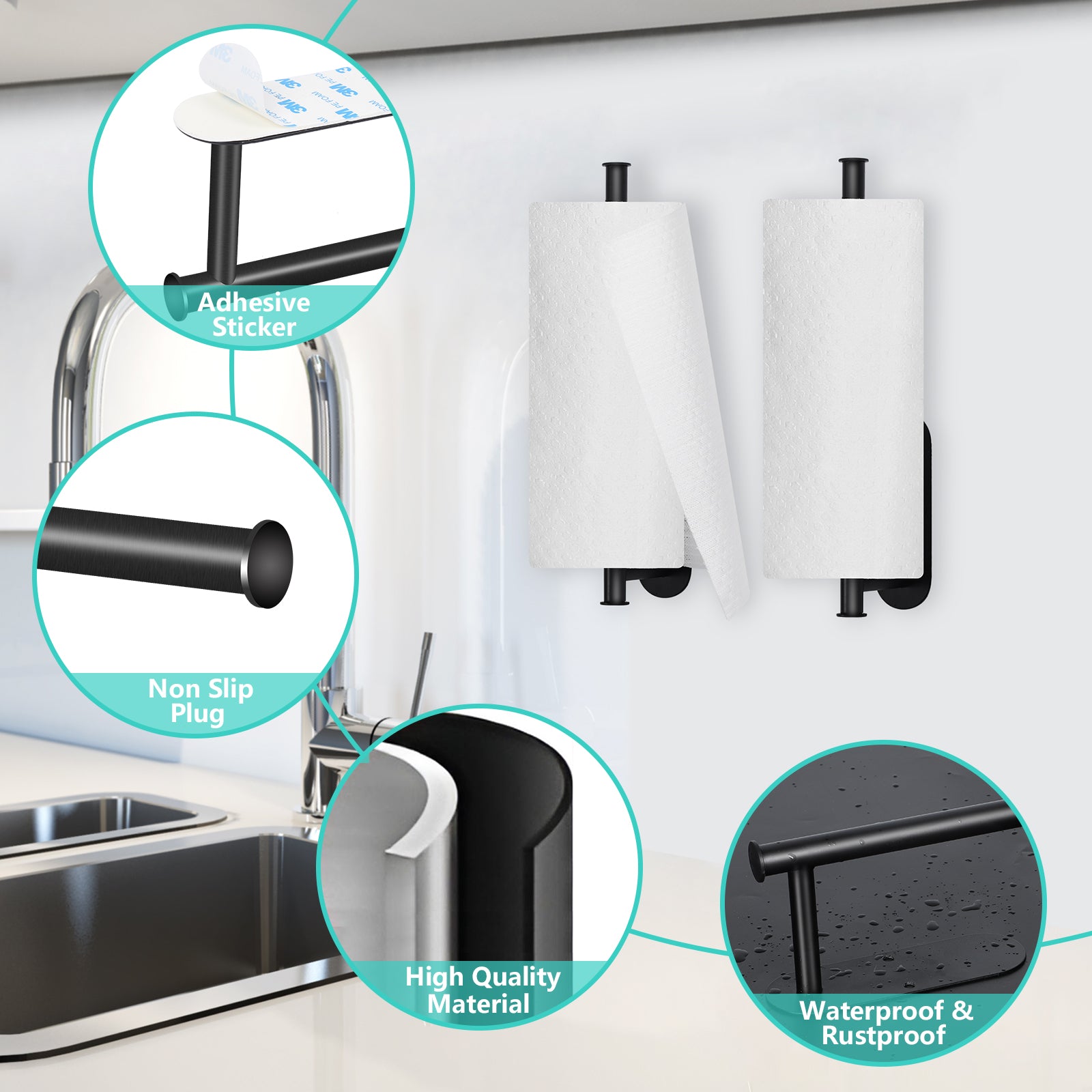 2-Pack Matte Black Adhesive Paper Towel Racks, Under Cabinet and Wall Mount Tissue Bar for Kitchen and Bathroom