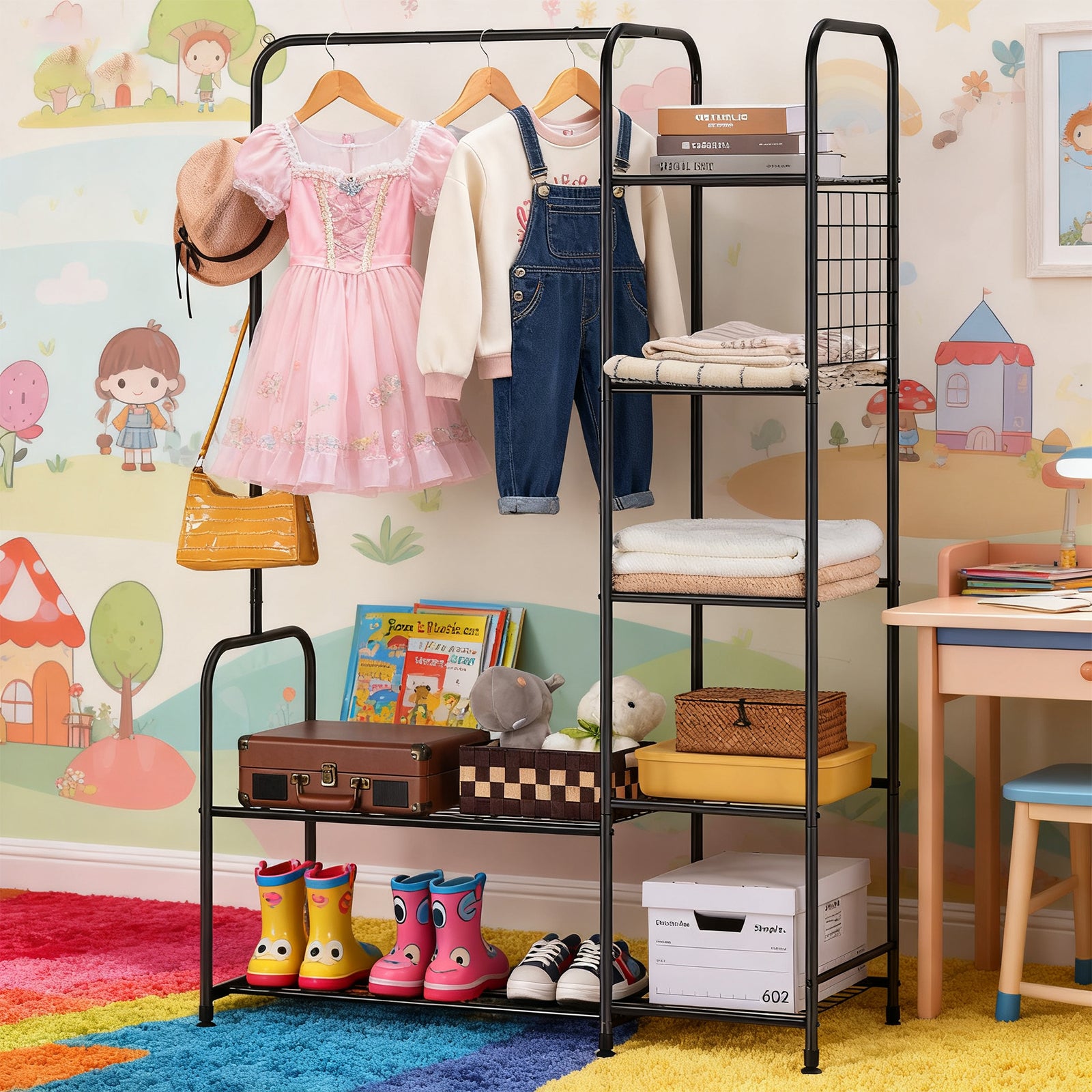Black Coat Rack Freestanding Clothing Rack with 5-Tier Shelves & Shoe Storage, Heavy-Duty Garment Rack,