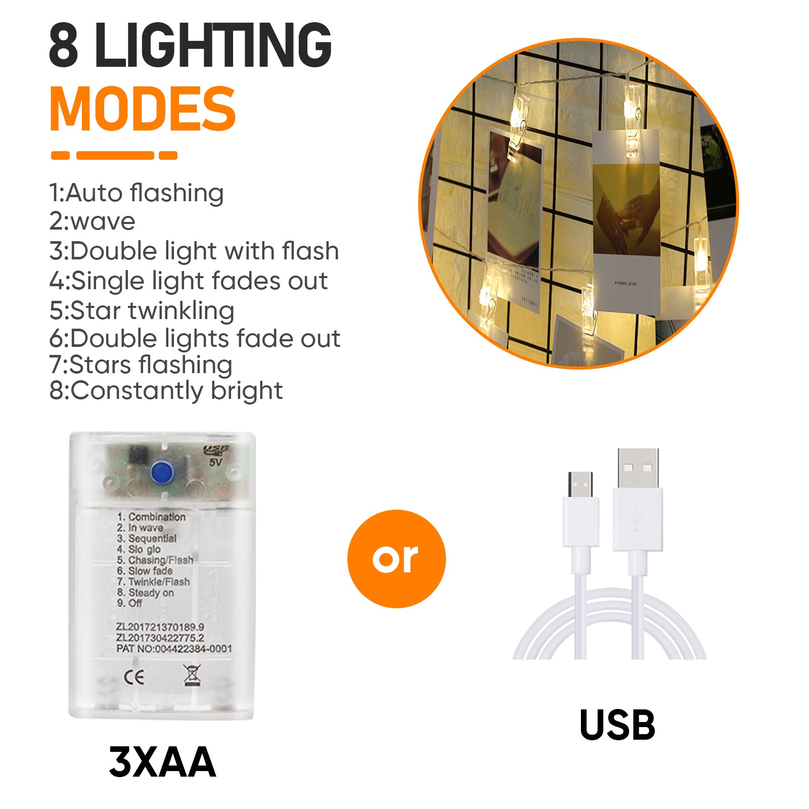 7.5Ft Photo Clip String Lights with 50 LED Clips - Battery & USB Powered Fairy Lights for Bedroom Wall Decor