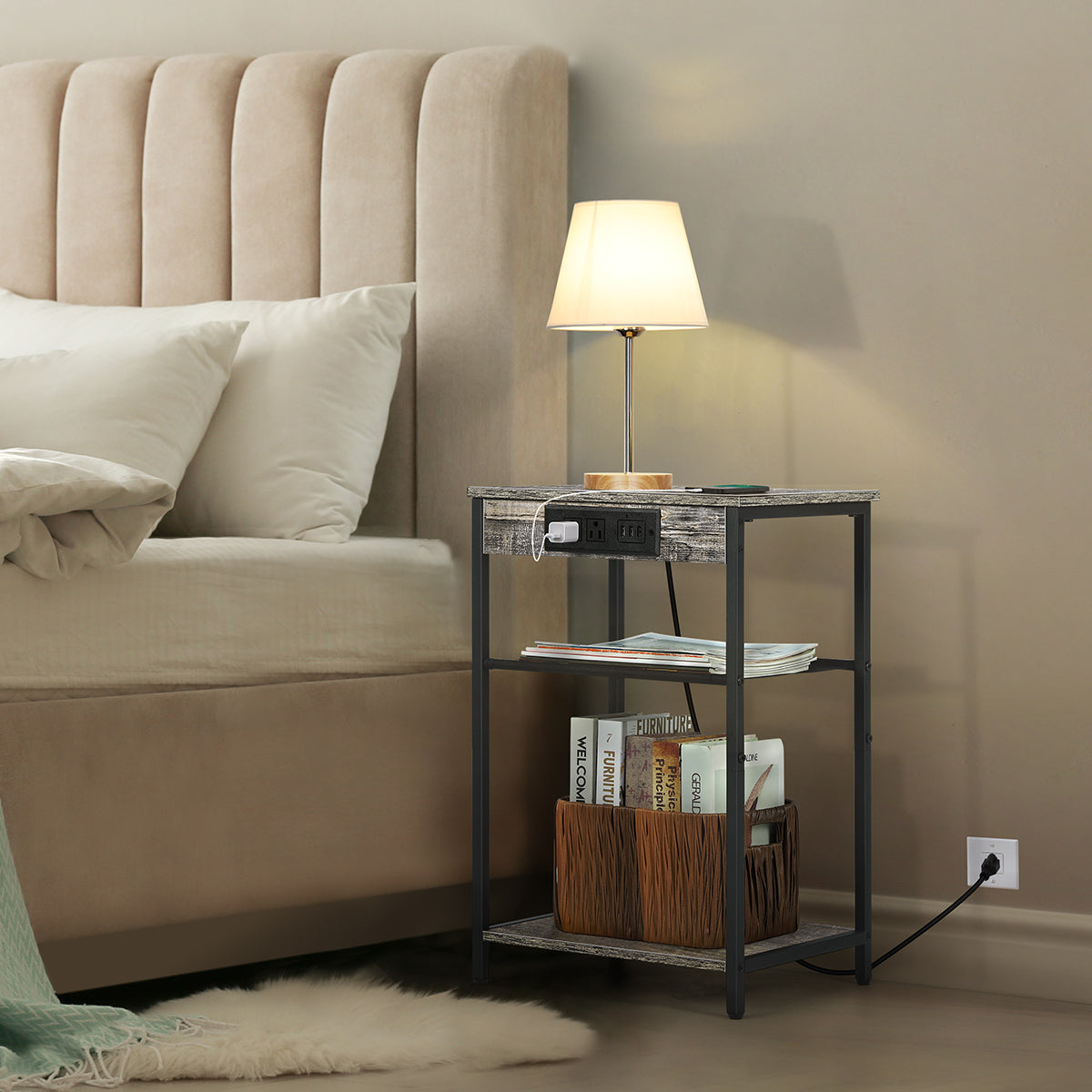 Set of 2 Nightstands with Charging Station, 3-Tier Narrow End Table with USB & Outlets for Bedroom, Gray,