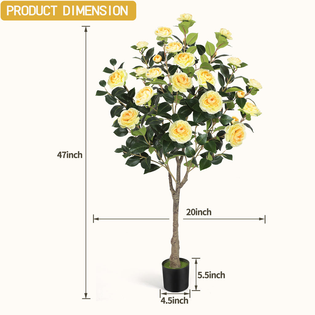 4ft Artificial Camellia Tree with Vibrant Yellow Flowers, Lifelike Potted Faux Plant for Indoor & Outdoor Home Decor, Porch & Office