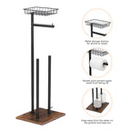 Free Standing Toilet Paper Holder Stand with Top Wire Storage Basket, Dual Spare Roll Holders Rustic Wood Base Black Metal Tissue Roll Rack, Multifunctional Floor Toilet Paper Organizer for Bathroom