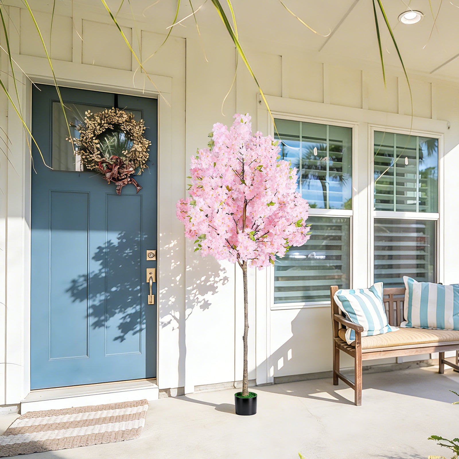 6FT Artificial Cherry Blossom Tree, 1.8M Tall Fake Pink Cherry Blossom Tree with Pot, Faux Floral Tree for Indoor Outdoor Home Wedding Party Decor