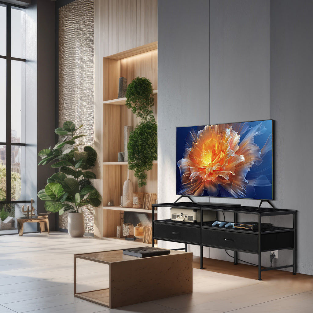 TV Cabinet. Suitable for TVs Up To 55 in. Entertainment Center, Industrial Media TV Cabinet Table. with Open Storage Shelves for Living Room, Bedroom TV Stand, Black