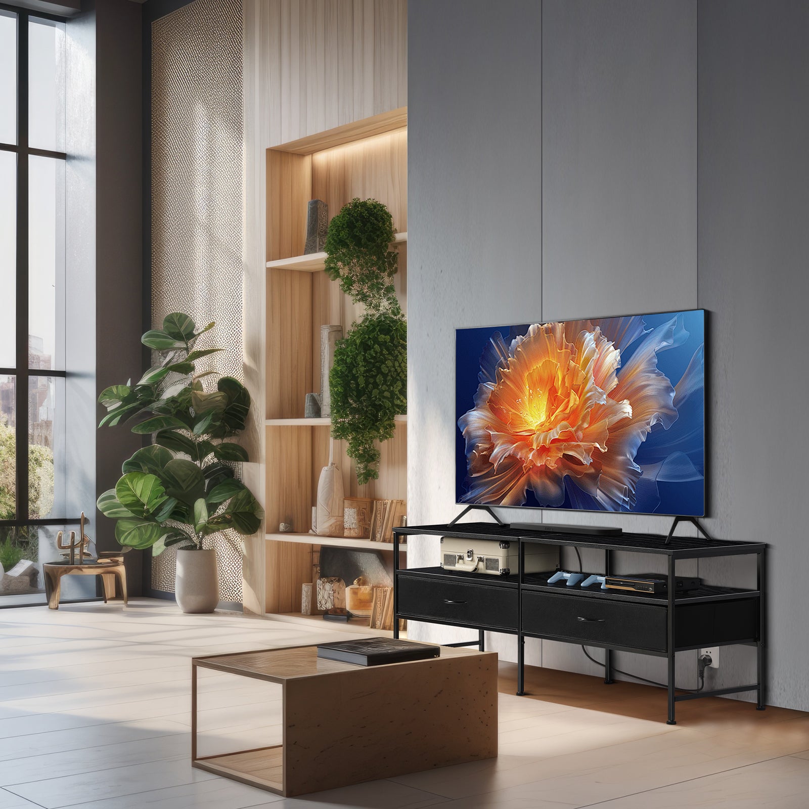 TV Cabinet. Suitable for TVs Up To 55 in. Entertainment Center, Industrial Media TV Cabinet Table. with Open Storage Shelves for Living Room, Bedroom TV Stand, Black