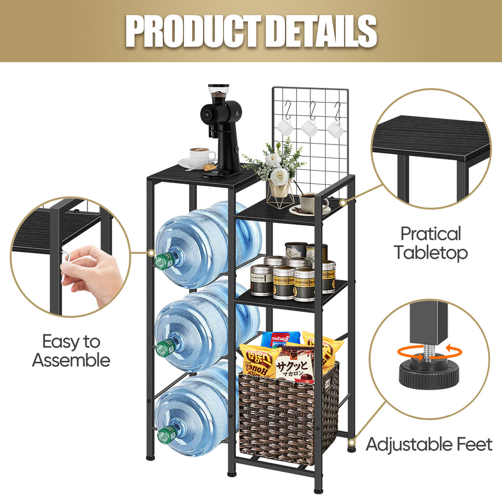 5 Gallon Water Jug Holder & Coffee Station - Heavy Duty 3-Jug Rack with 2-Tier Side Storage Shelves & Wood Top for Kitchen & Office