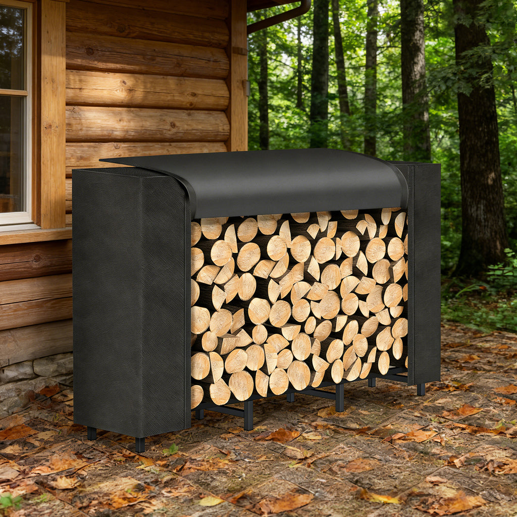 Firewood Rack with Cover - Heavy Duty Outdoor Log Holder & Storage Stand, Black